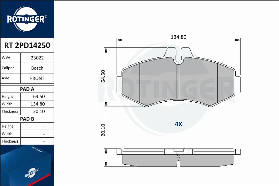 Rotinger RT 2PD14250 - Тормозные колодки, дисковые, комплект autospares.lv