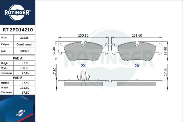 Rotinger RT 2PD14210 - Тормозные колодки, дисковые, комплект autospares.lv