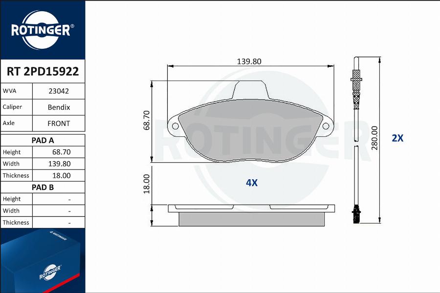 Rotinger RT 2PD15922 - Тормозные колодки, дисковые, комплект autospares.lv