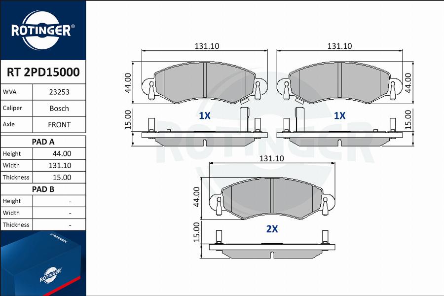 Rotinger RT 2PD15000 - Тормозные колодки, дисковые, комплект autospares.lv