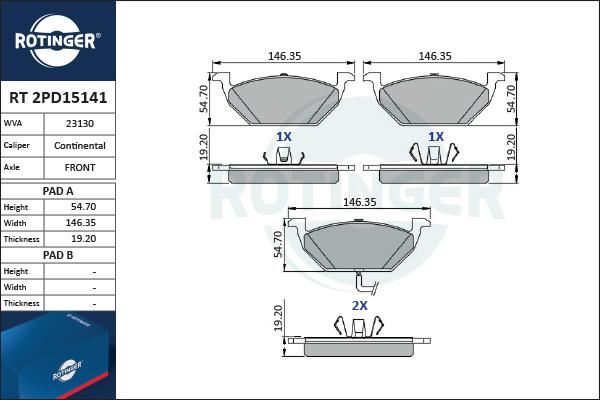 Rotinger RT 2PD15141 - Тормозные колодки, дисковые, комплект autospares.lv