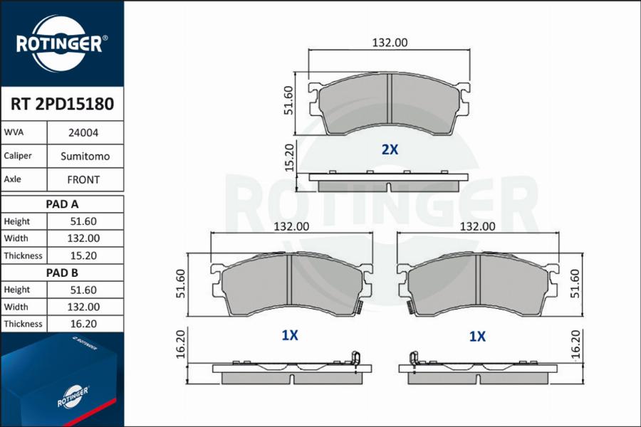 Rotinger RT 2PD15180 - Тормозные колодки, дисковые, комплект autospares.lv