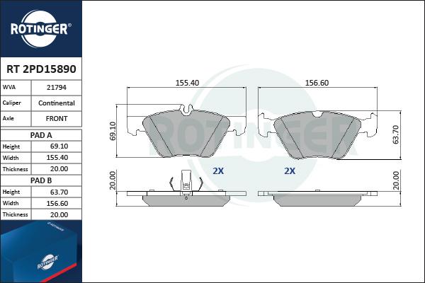 Rotinger RT 2PD15890 - Тормозные колодки, дисковые, комплект autospares.lv