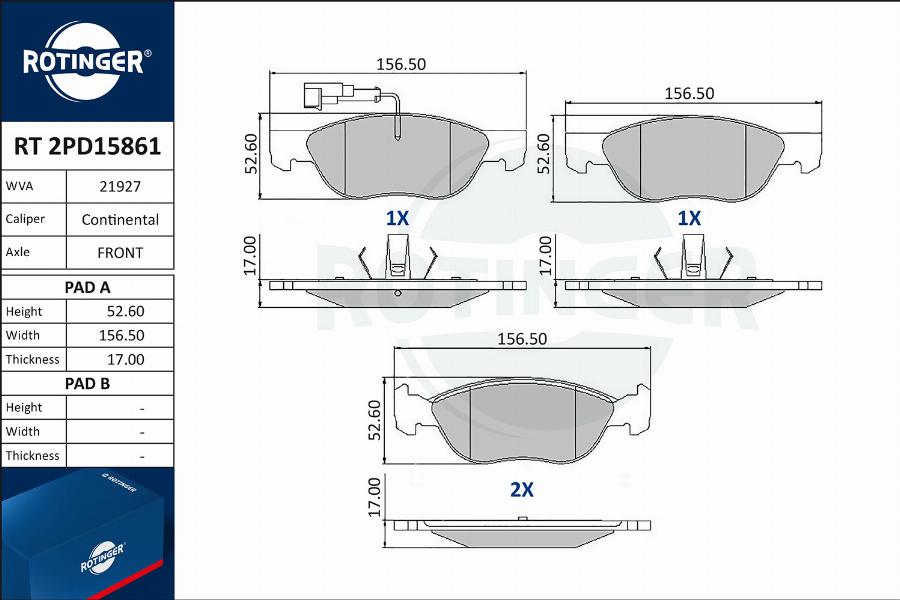 Rotinger RT 2PD15861 - Тормозные колодки, дисковые, комплект autospares.lv