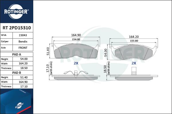 Rotinger RT 2PD15310 - Тормозные колодки, дисковые, комплект autospares.lv