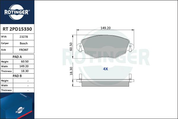 Rotinger RT 2PD15330 - Тормозные колодки, дисковые, комплект autospares.lv