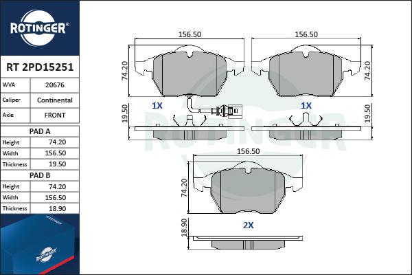 Rotinger RT 2PD15251 - Тормозные колодки, дисковые, комплект autospares.lv