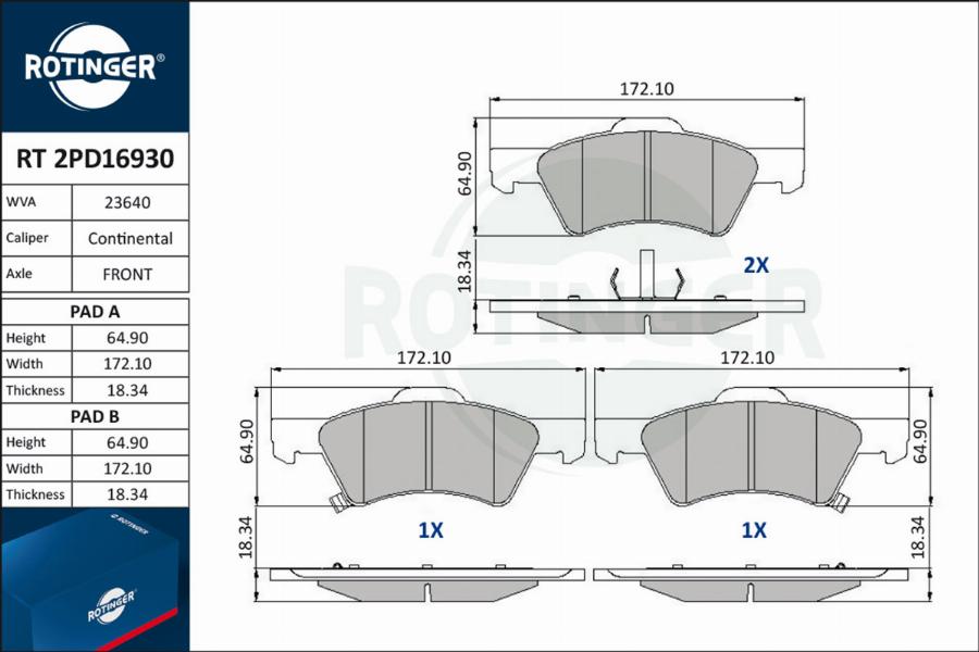 Rotinger RT 2PD16930 - Тормозные колодки, дисковые, комплект autospares.lv