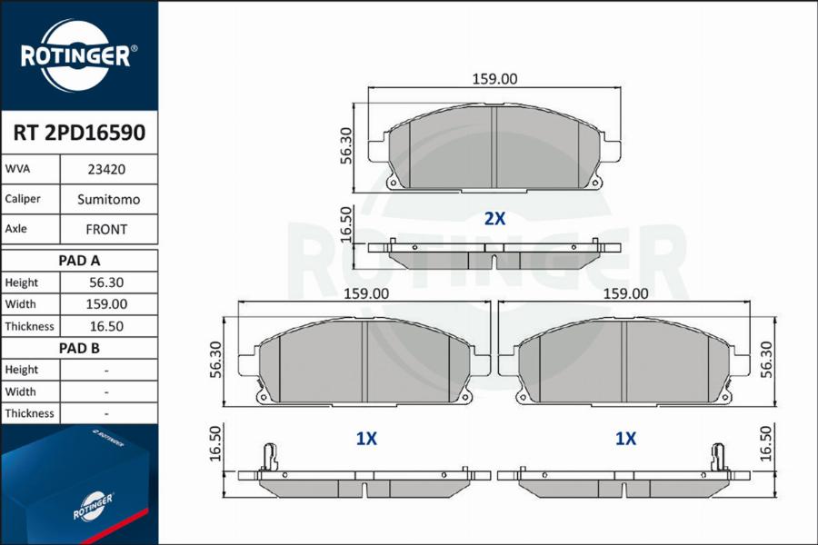 Rotinger RT 2PD16590 - Тормозные колодки, дисковые, комплект autospares.lv