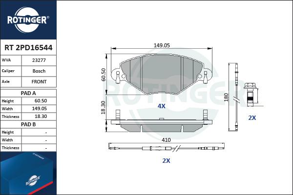 Rotinger RT 2PD16544 - Тормозные колодки, дисковые, комплект autospares.lv