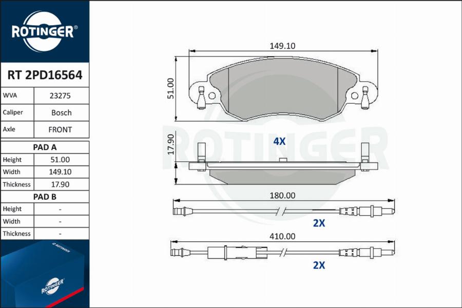 Rotinger RT 2PD16564 - Тормозные колодки, дисковые, комплект autospares.lv