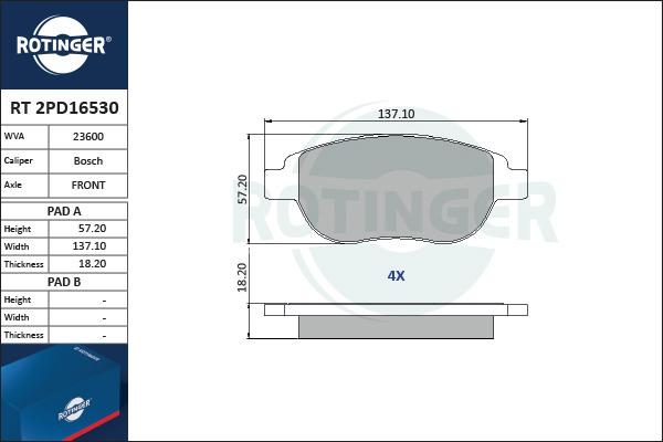 Rotinger RT 2PD16530 - Тормозные колодки, дисковые, комплект autospares.lv