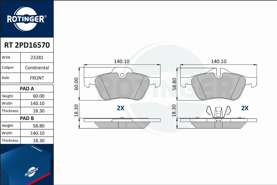 Rotinger RT 2PD16570 - Тормозные колодки, дисковые, комплект autospares.lv