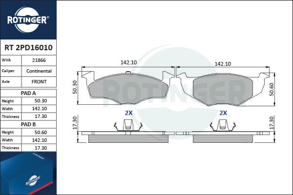 Rotinger RT 2PD16010 - Тормозные колодки, дисковые, комплект autospares.lv