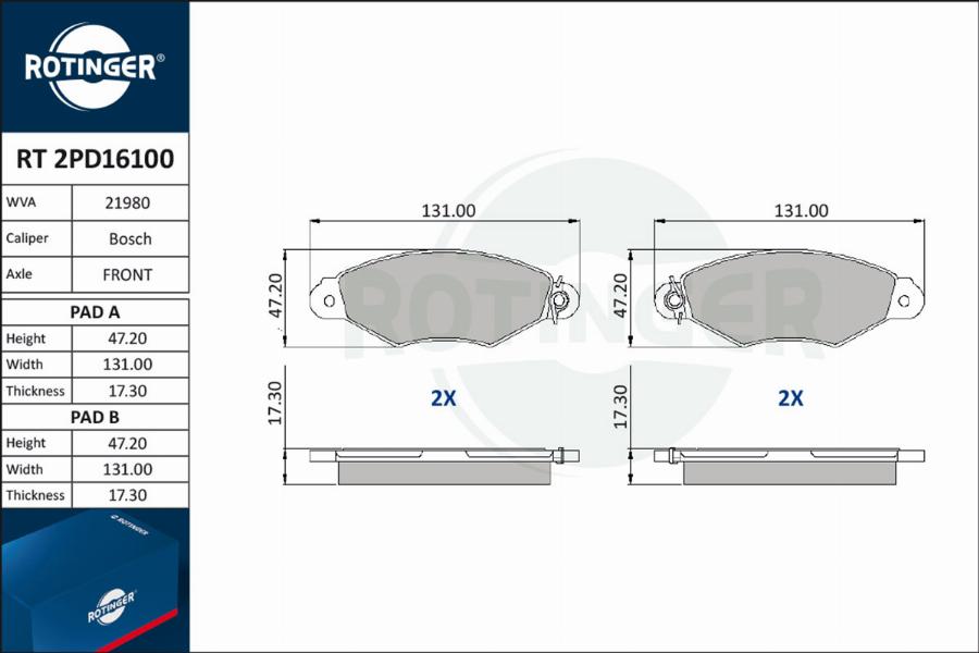 Rotinger RT 2PD16100 - Тормозные колодки, дисковые, комплект autospares.lv