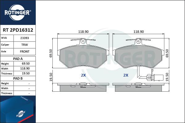 Rotinger RT 2PD16312 - Тормозные колодки, дисковые, комплект autospares.lv