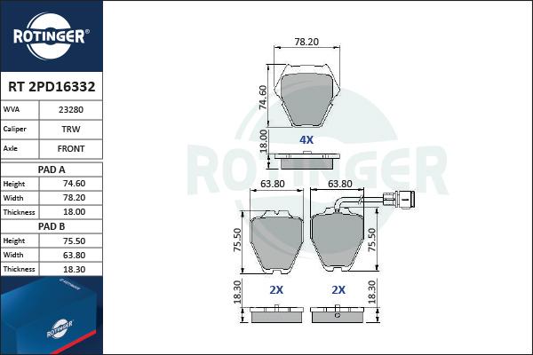 Rotinger RT 2PD16332 - Тормозные колодки, дисковые, комплект autospares.lv