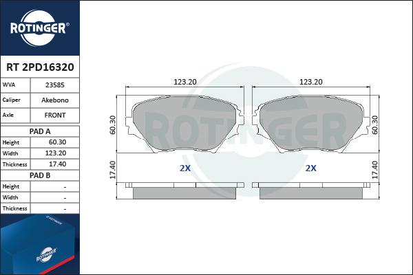 Rotinger RT 2PD16320 - Тормозные колодки, дисковые, комплект autospares.lv