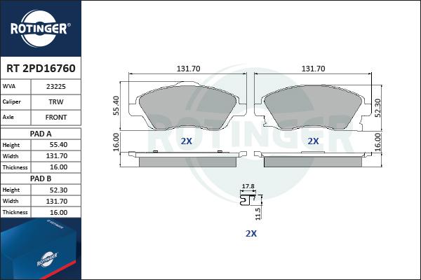 Rotinger RT 2PD16760 - Тормозные колодки, дисковые, комплект autospares.lv