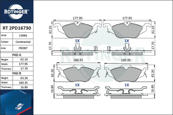 Rotinger RT 2PD16730 - Тормозные колодки, дисковые, комплект autospares.lv