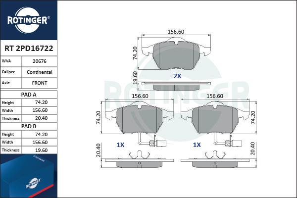 Rotinger RT 2PD16722 - Тормозные колодки, дисковые, комплект autospares.lv