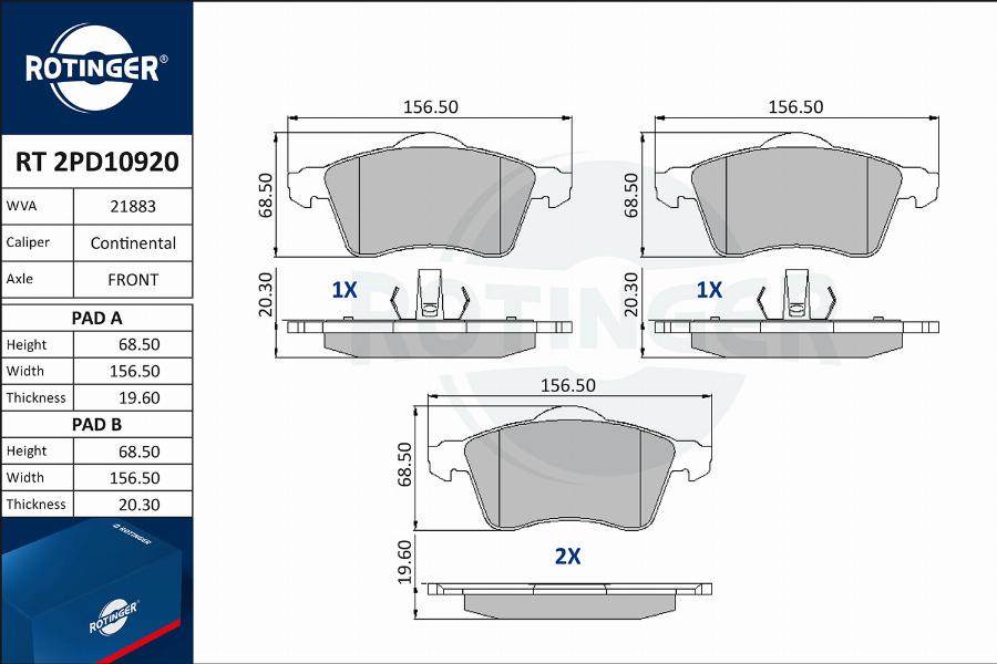 Rotinger RT 2PD10920 - Тормозные колодки, дисковые, комплект autospares.lv