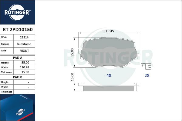 Rotinger RT 2PD10150 - Тормозные колодки, дисковые, комплект autospares.lv