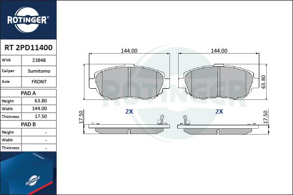 Rotinger RT 2PD11400 - Тормозные колодки, дисковые, комплект autospares.lv