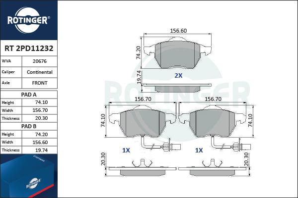 Rotinger RT 2PD11232 - Тормозные колодки, дисковые, комплект autospares.lv