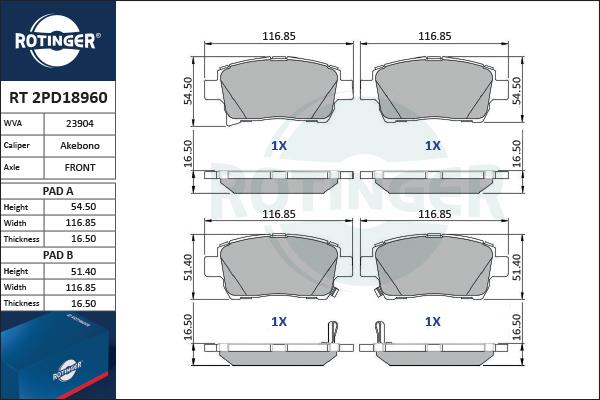 Rotinger RT 2PD18960 - Тормозные колодки, дисковые, комплект autospares.lv