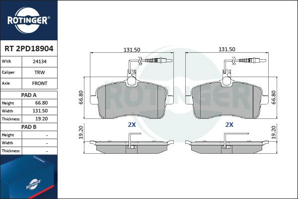 Rotinger RT 2PD18904 - Тормозные колодки, дисковые, комплект autospares.lv