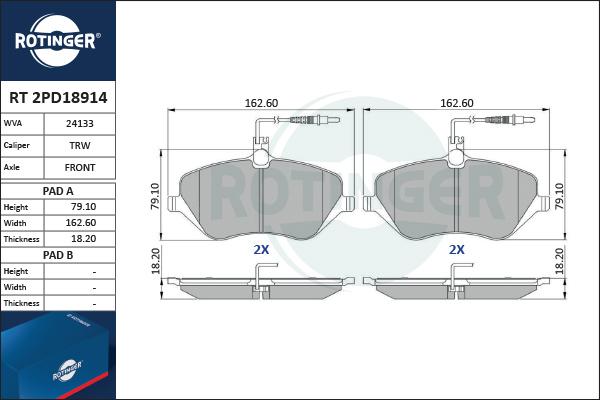 Rotinger RT 2PD18914 - Тормозные колодки, дисковые, комплект autospares.lv