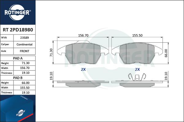 Rotinger RT 2PD18980 - Тормозные колодки, дисковые, комплект autospares.lv