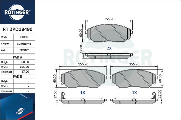 Rotinger RT 2PD18490 - Тормозные колодки, дисковые, комплект autospares.lv