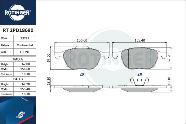 Rotinger RT 2PD18690 - Тормозные колодки, дисковые, комплект autospares.lv