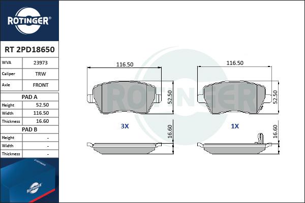 Rotinger RT 2PD18650 - Тормозные колодки, дисковые, комплект autospares.lv