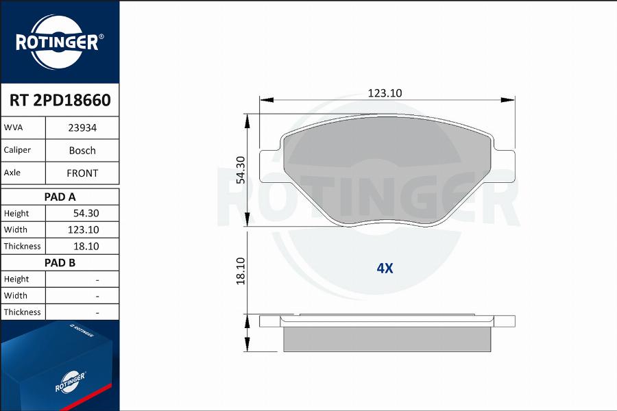 Rotinger RT 2PD18660 - Тормозные колодки, дисковые, комплект autospares.lv