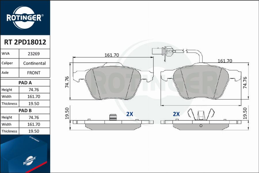 Rotinger RT 2PD18012 - Тормозные колодки, дисковые, комплект autospares.lv