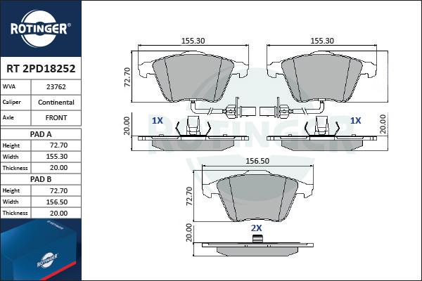 Rotinger RT 2PD18252 - Тормозные колодки, дисковые, комплект autospares.lv