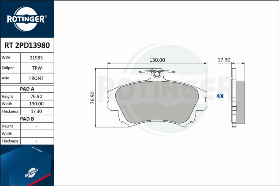 Rotinger RT 2PD13980 - Тормозные колодки, дисковые, комплект autospares.lv