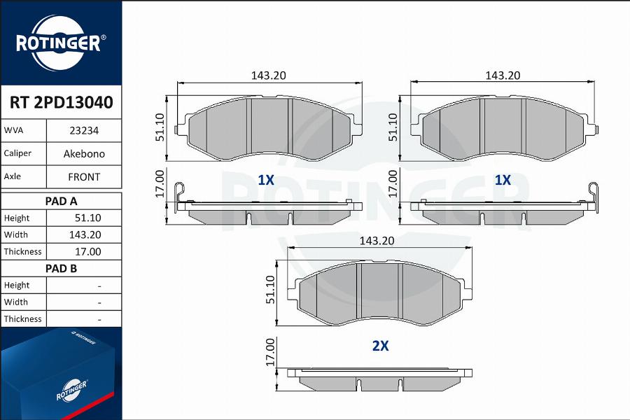 Rotinger RT 2PD13040 - Тормозные колодки, дисковые, комплект autospares.lv