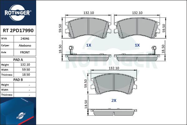 Rotinger RT 2PD17990 - Тормозные колодки, дисковые, комплект autospares.lv