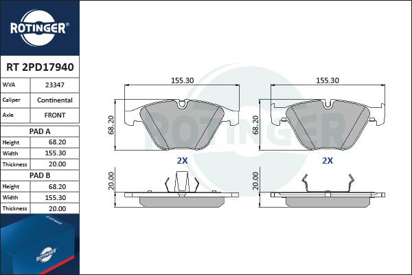 Rotinger RT 2PD17940 - Тормозные колодки, дисковые, комплект autospares.lv