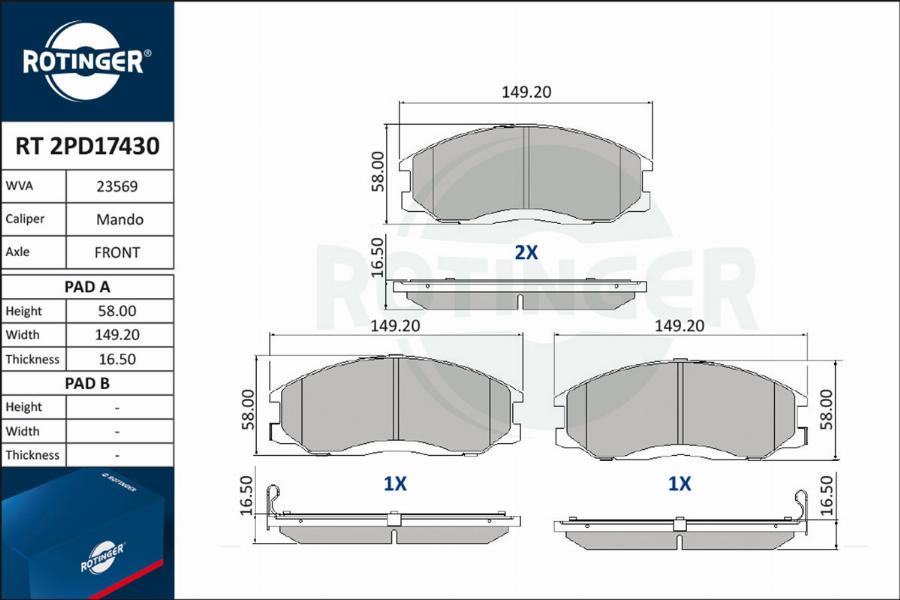 Rotinger RT 2PD17430 - Тормозные колодки, дисковые, комплект autospares.lv