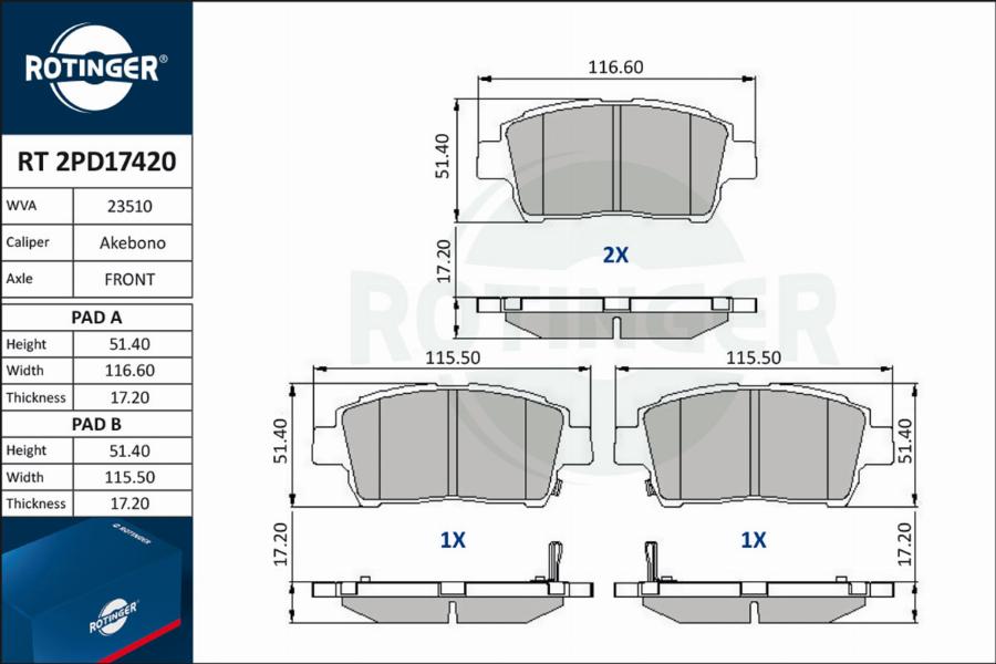 Rotinger RT 2PD17420 - Тормозные колодки, дисковые, комплект autospares.lv