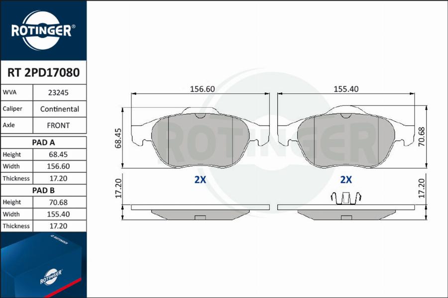 Rotinger RT 2PD17080 - Тормозные колодки, дисковые, комплект autospares.lv