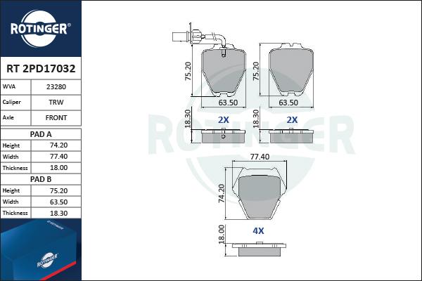 Rotinger RT 2PD17032 - Тормозные колодки, дисковые, комплект autospares.lv