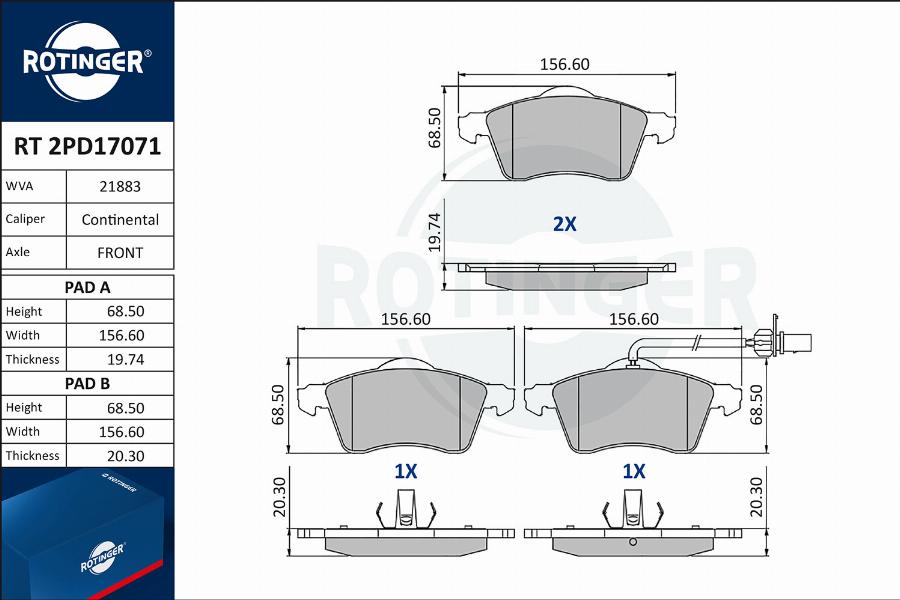 Rotinger RT 2PD17071 - Тормозные колодки, дисковые, комплект autospares.lv