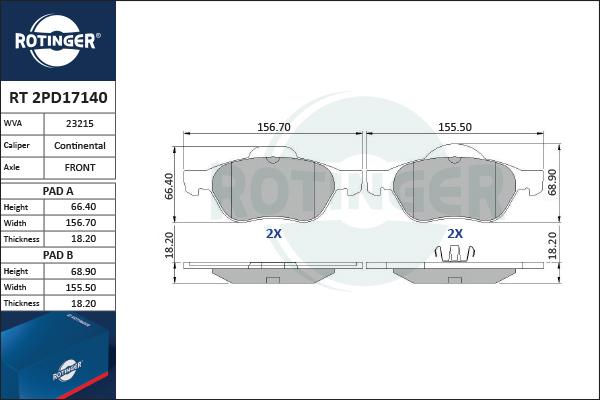 Rotinger RT 2PD17140 - Тормозные колодки, дисковые, комплект autospares.lv