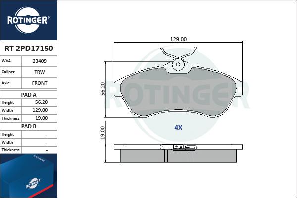 Rotinger RT 2PD17150 - Тормозные колодки, дисковые, комплект autospares.lv